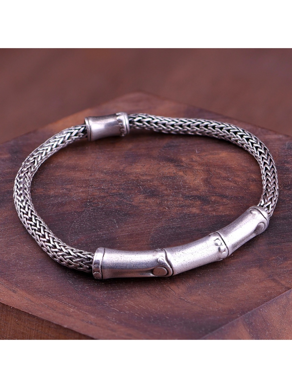 John Hardy Bamboo Bracelet Sterling Silver Woven Foxtail Chain Station 7.5"